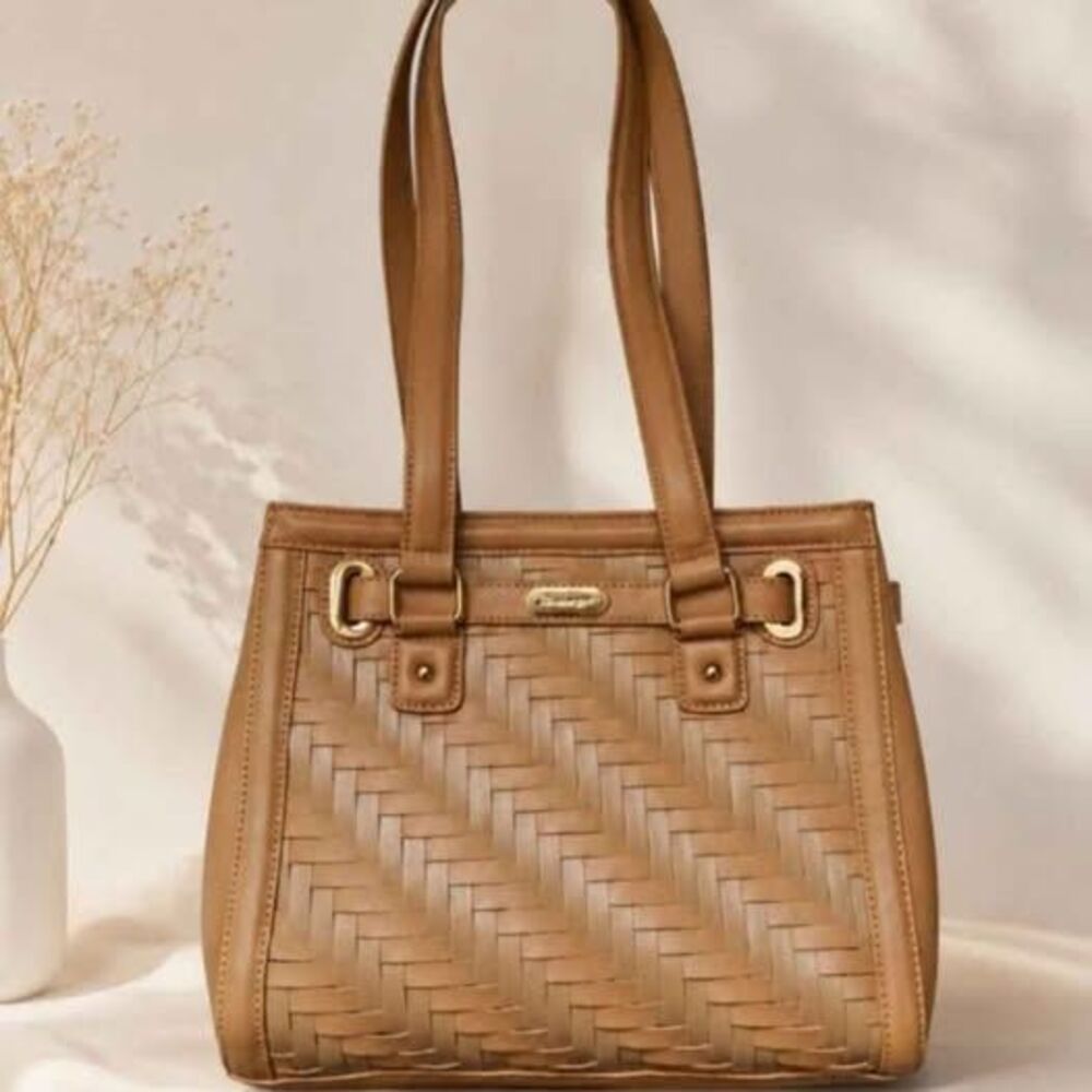 Longaberger Woven Leather Tote Bag Caramel